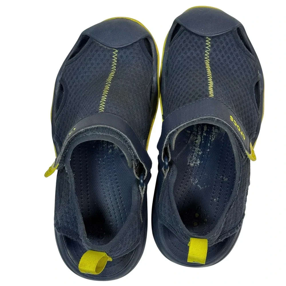 Crocs Swiftwater Mesh Deck Sandals Men 8 Navy Blue Lime Green 205289 Water Shoes